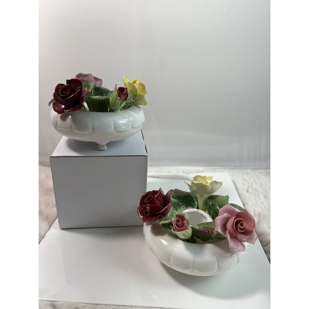 VTG 2 Golden‎ Crown E&R England Fine Bone China Hand Painted Rose Candle Holders